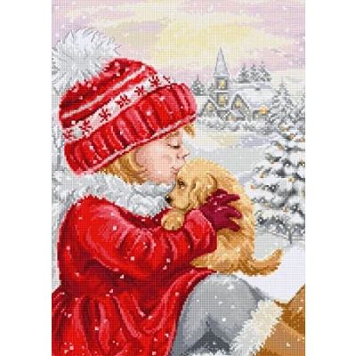Image of Luca S Cross Stitch Kit, Girl Kissing Puppy, BU5027, Counted Kit for Adults, Embroidery Needlecraft Set