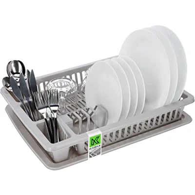Image of KADAX Dish Drainer, Plastic Drying Rack with Drip Tray, Draining Cutlery Compartments for Kitchen Counter, Sink (Grey)