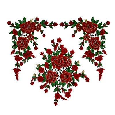 Image of 1set/3pieces 3D Floral Embroidered Fabric Patches Lace Motif Applique Trimming Craft DIY Bordado Sewing Supplies (Red)