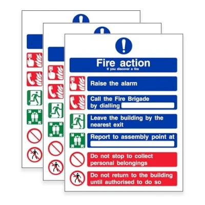 Image of Pack of 3 Fire Action Notice Signs Self Adhesive 150mm x 200mm Essential Safety Signage for Compliance and (Self Vinyl)