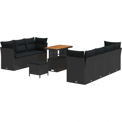Image of vidaXL 10 Piece Garden Sofa Set with Cushions Black Poly Rattan Acacia
