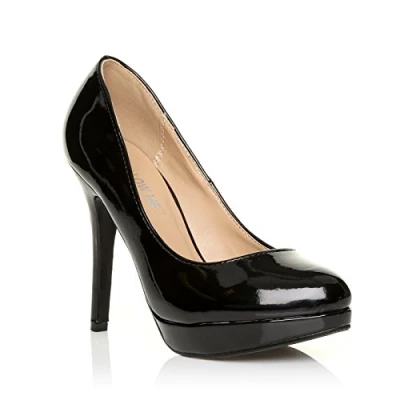 Image of Womens High Heel Platform Party Work Smart Office Courts Shoes Ladies Round Toe Prom Wedding Bridal Occasion Heeled Classic Court Stiletto Heels Pumps Black Patent