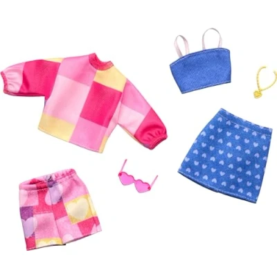 Image of Barbie Fashions 2 Pack Clothing Set, Outfits Doll Include Pink &amp; Blue Inspired Skirt, Shorts, Tops Accessories