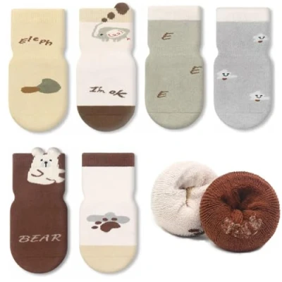 Image of FedMois 6 Pairs Baby Kids Cozy Warm Winter Socks Anti slip Infant Toddler Thermal Crew Socks, Elephant, 0 12 Months