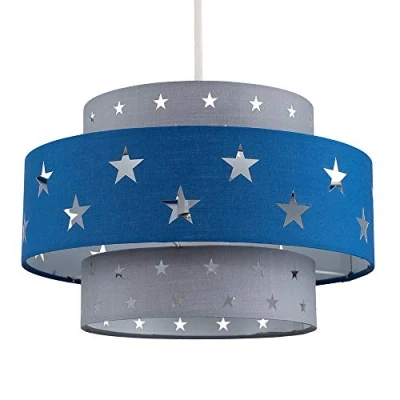 Image of MiniSun Modern Blue &amp; Light Grey Cut Out Star Design Cylinder Ceiling Pendant Shade Complete with a 10w LED GLS Bulb [3000K Warm White]