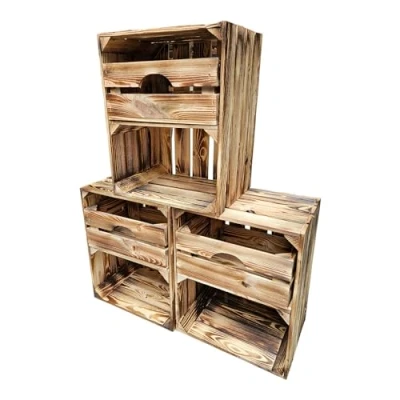 Image of Vintage Wooden Crates Fruit Wine Flamed with Storage Compartment Drawer 50 x 40 30 cm Ideal for and Organisation (3 Short Shelves)