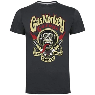 Image of Gas Monkey Garage Official Kyd T Shirt GMG Hot Rod &#039;Sparkplugs&#039; Grey M