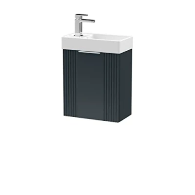 Image of nuie FLT1490 Deco Modern Bathroom Wall Hung Part Fluted 1 Door Slimline Vanity Unit with Ceramic Basin, 400mm, Soft Black