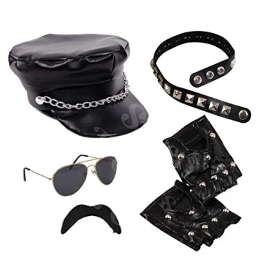 Image of Silver Fancy Dress® Leather Look Biker Hat, Sunglasses, Gloves, Choker &amp; Mustache YMCA, Biker, Punk Gay Pride Set