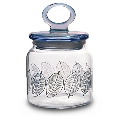 Image of Pasabahce Glass Jar With Leaves Print And Lid 575ml