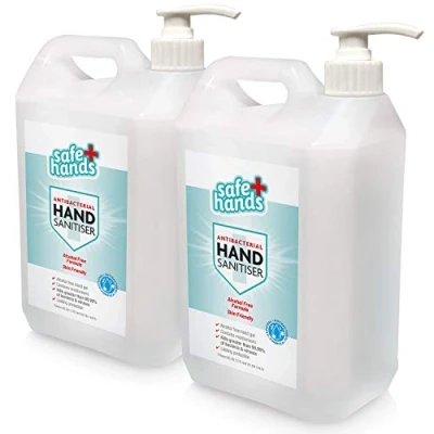Image of Safe Hands Hand Sanitiser Gel Alcohol Free 5 litre (2 Pack) With 2 Manual Dispenser Pumps Antibacterial &amp; Antiviral Non Sanitizer Contains Moisturisers