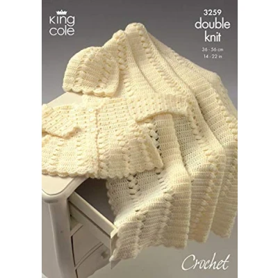Image of King Cole Baby Coat, Hat &amp; Shawl DK Crochet Pattern 3259