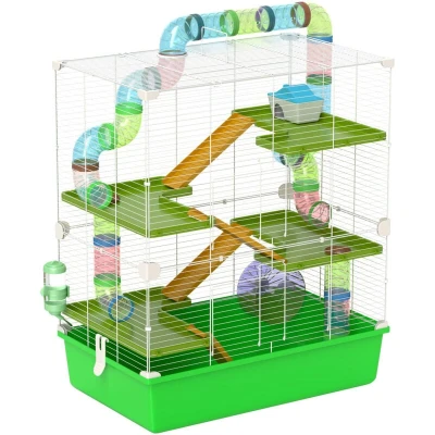 Image of PawHut Hamster Cage with Tunnel Tube System, 5 Level Gerbil Haven Water Bottle, Exercise Wheel, Food Dish, Ramps 59 cm x 36 69 Green