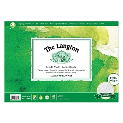Image of Daler Rowney The Langton Watercolour Paper, Cold Pressed, 300 gsm, 140lb, Pad, Glued 4 Sides, 14 x 10in 35.6 25.4 cm, Natural White, 12 Sheets