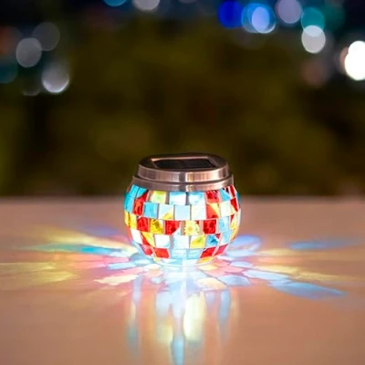 Image of Garden Mile Colourful Mosaic Glass Jar Multi Coloured LED Solar Lights with Auto Sensor Outdoor Patio Ball Ornaments for Decor (Multi Coloured)