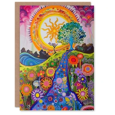 Image of Artery8 Bright Colourful Hippy Artwork Flowers Sun Trees Greeting Birthday Card Him Her All Blank