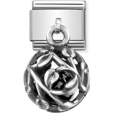 Image of Nomination Silver Leaves + Black Agate Hanging Cage Charm