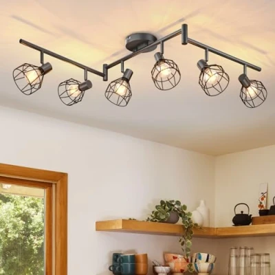 Image of Dehobo Spot Light Fittings for Ceilings Adjustable Metal Wire Cage Kitchen Spotlight with E14 Base Black 6 Way Ceiling Industrial Bedroom Bar Hallway Living Room No Bulb