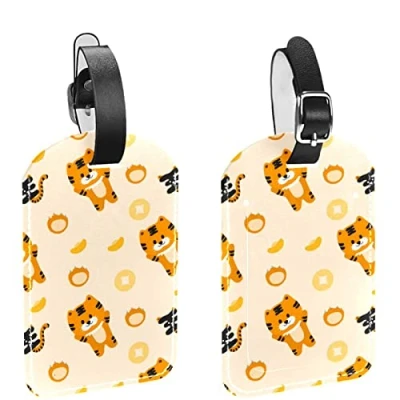 Image of Cartoon Tiger Pattern Luggage Tags with Name ID Identifier Labels for Suitcase Travel Bag Leather Privacy Cover Baggage Tag 2 Pieces
