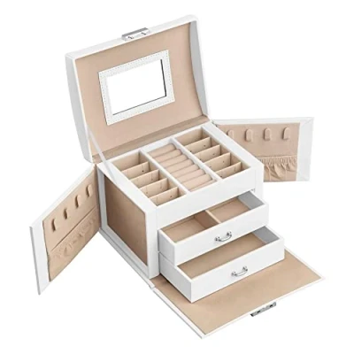 Image of SONGMICS 3 Tier Jewellery Box/Case with Mirror, Lockable Organiser Handle, 2 Drawers, Travel Storage, Modern Style, Gift for Loved Ones, Classic White JBC154W01