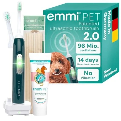 Image of emmi pet 2.0 Dental Care Set for Dogs &amp; Cats Silent Without Scrubbing, Ultrasonic Dog Toothbrush and Toothpaste, Fights Tartar, Bad Breath Gingivitis