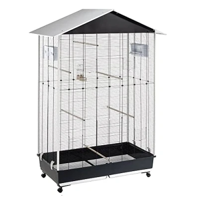 Image of Ferplast Bird Cage Aviary NOTA LARGE Outdoor Indoor for Birds, Canaries, Budgies, Finches, Loverbirds, Metal, Sheet Metal Roof, Accessories Included Feeders Perches Wheels, 111 x 66.5 h 167 cm.