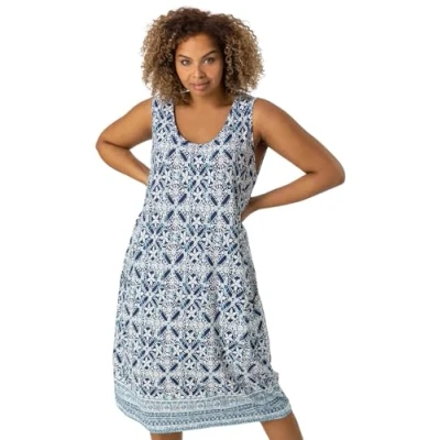 Image of Roman Originals Slouch Cocoon Dress with Pockets for Women UK Ladies Stretch Jersey Summer Spring Casual Harem Sleeveless Oversized Relaxed Baggy Beach Regular Curve Plus Size Blue 30