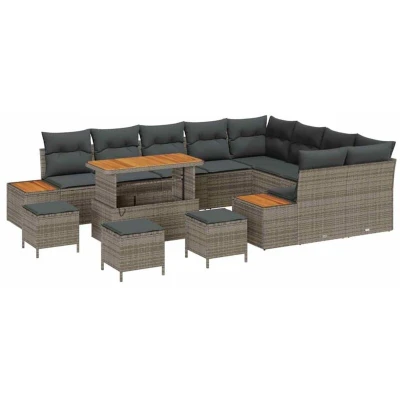Image of vidaXL 13 Piece Garden Sofa Set with Cushions Grey Poly Rattan Acacia