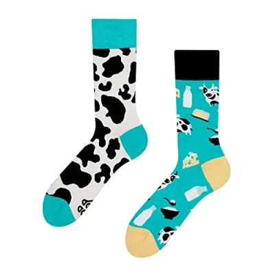 Image of Dedoles Unisex Socks for Women, Men &amp; Kids Cotton Funny Designs Football Bicycle Horses Plants Firefighter Gift Mismatched, Design: Milking Cows, Colour: Turquoise, Size: 3 5 M / 2 4,5 W UK