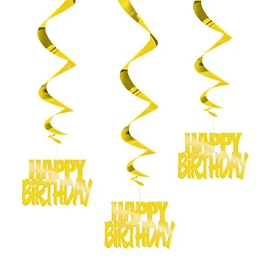 Image of Happy Birthday Gold Foil Hanging Swirl Decorations 81)m Pack of 3 Stunning and Elegant Party Decor