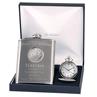 Image of Engraved 70th Birthday Pewter Rugby Feature Pocket Watch and Hip Flask Gift Set in a Quality Box