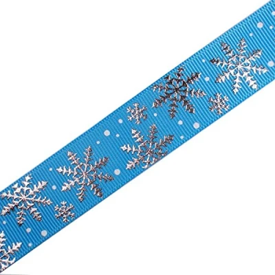 Image of Frosty Snowflake Winter Xmas Satin Ribbon 16mm Wide Blue (3 metres)