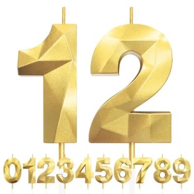 Image of 12th Birthday Candles, Number 12 Candle, Gold Candles for Cake, Diamond 3D Happy Cake Candle Decorations Party Wedding Anniversary Celebration Supplies