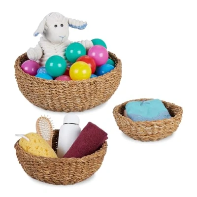 Image of Storage Basket, Set of 3, 3 Sizes, for Bathroom, Living Room &amp; Bedroom, Organiser Boxes, Seagrass, Natural Relaxdays