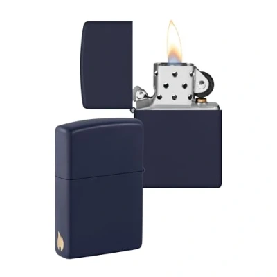 Image of Zippo Windproof Lighter Flame Logo Navy Blue Matte Finish Refillable for Lifetime Use Adjustable Gift Box Metal Construction Made in USA