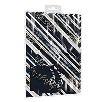 Image of Gift Maker Navy Brushstroke Stripe Design Happy Birthday Wrapping Paper 2 Sheets &amp; Tags