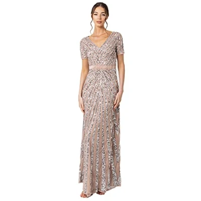 Image of Maya Deluxe Women&#039;s Maxi Womens Ladies Embellished Sequin Long Short Sleeve V Neck High Empire Waist Cut Shiny P Bridesmaid Dress, Taupe Blush, 8 UK