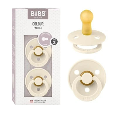Image of BIBS Colour Soother 2 Pack, BPA Free Dummy Pacifier, Round Nipple. Natural Rubber Latex, Made in Denmark, Size (6 18 Months), Ivory