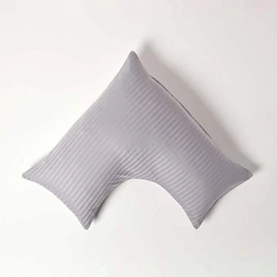 Image of HOMESCAPES Grey Pure Egyptian Cotton V Shape Pillowcase 330 TC 500 Thread Count Percale Equivalent Satin Stripe Pillow Case For Nursing Pregnancy and Elderly