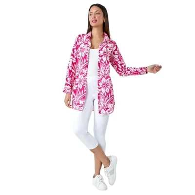 Image of Roman Originals Shirt for Women Ladies Cotton Blouse Button Through Tunic Printed Top Work Long Sleeve Smart Casual Going Out Office V Neck Everyday Evening Event Cerise &amp; White Size 12