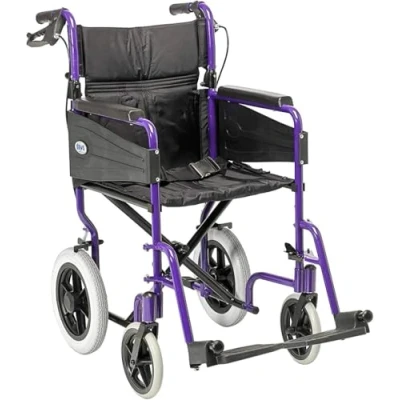Image of DAYS Escape Lite Wheelchair, Attendant Propelled Lightweight Aluminium with Folding Frame, Mobility Aid, Comfy and Sturdy, Portable Transit Travel Chair, Removable Footrests, Wide, Purple