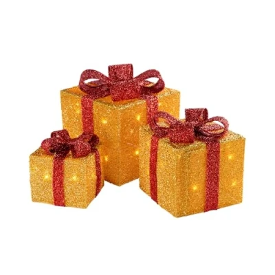 Image of WeRChristmas Gift Box Silhouette with 35 Warm White LED Lights and Tinsel Christmas Decoration Gold, Set of 3
