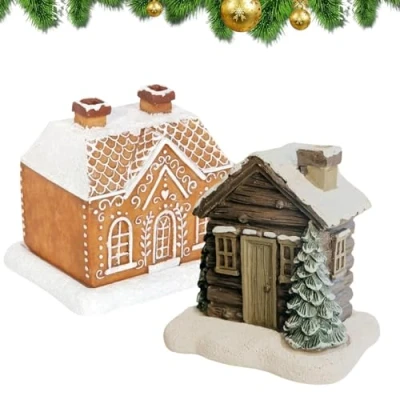 Image of Log Cabin &amp; Gingerbread House Incense Burner, Christmas Snowy Winter Home Cone Burner with 2 Cones, Resin Holder Room Decorations