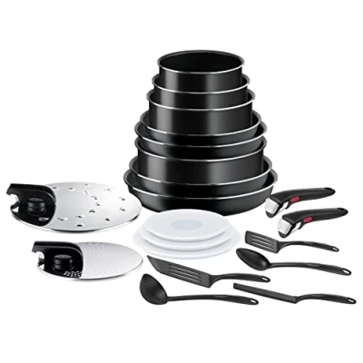Image of Tefal Ingenio Easy ON Non Stick 20 piece Pan Set, 22&amp;24&amp;26&amp;28 cm Frying Pans, 16&amp;18&amp;20 Saucepans, 24 Sautepan, Lids, Draining Lid, Anti Splatter 5 Utensils, 2 Handles, L1599402