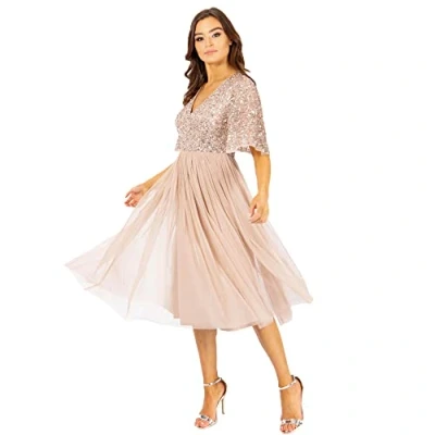 Image of Maya Deluxe Women&#039;s Ladies Dress for Wedding Guest V Neck Flutter Short Sleeve Sequin Embellishment Prom Bridesmaid, Blush, 24