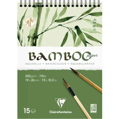 Image of Clairefontaine 975925C Bamboo Spiral Pad 15 Sheets 100% Natural White Watercolor Paper Vegan Finely Marked Grain Professional Quality 19x26 cm 250g