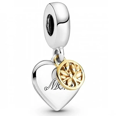 Image of PANDORA 2 Tone Family Tree &amp; Heart Charm Pendant in Sterling Silver and 14 Carat Gold, 799366C00, 11mm, Silver, No Gemstone