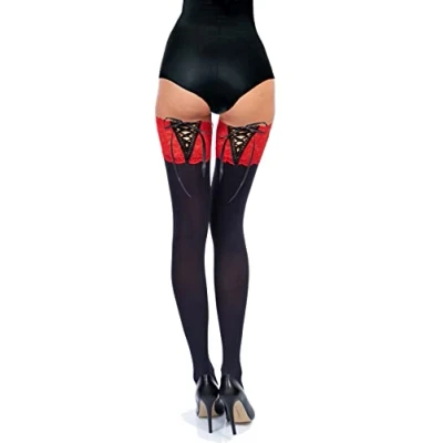 Image of JUST BEAUTY TOUCH Opaque Hold Up Stockings S 4XL Deep Lace Top 100 Denier with Corset Lacing on