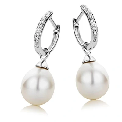 Image of Miore Earrings Women Freshwater Pearls Hoops Diamonds 0.08 ct White Gold 9 Kt / 375