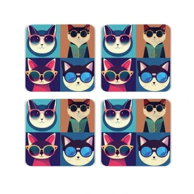 Image of Cat Cork Coaster Set Cool Pets Gift of Four (4) Square Drinks Coasters